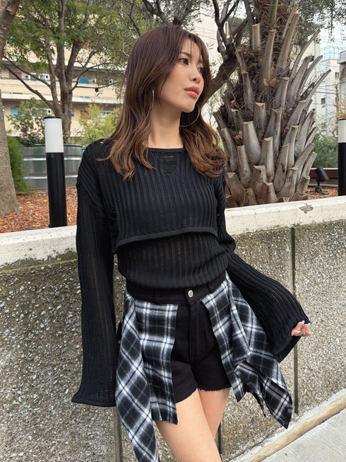 チェックシャツドッキングツイルショートパンツ