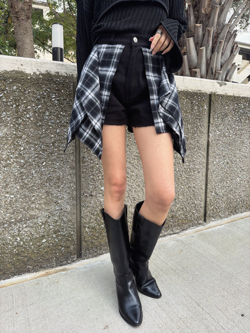 チェックシャツドッキングツイルショートパンツ