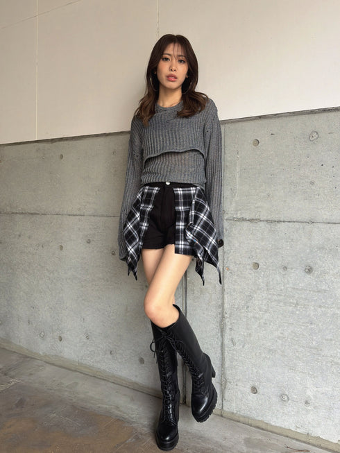 チェックシャツドッキングツイルショートパンツ