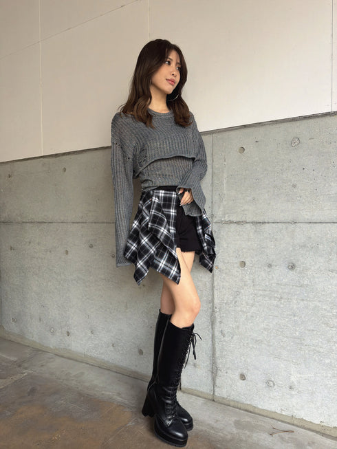 チェックシャツドッキングツイルショートパンツ