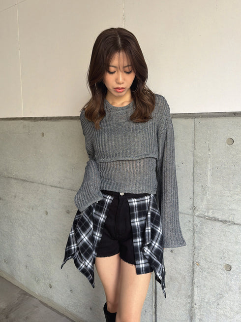 チェックシャツドッキングツイルショートパンツ