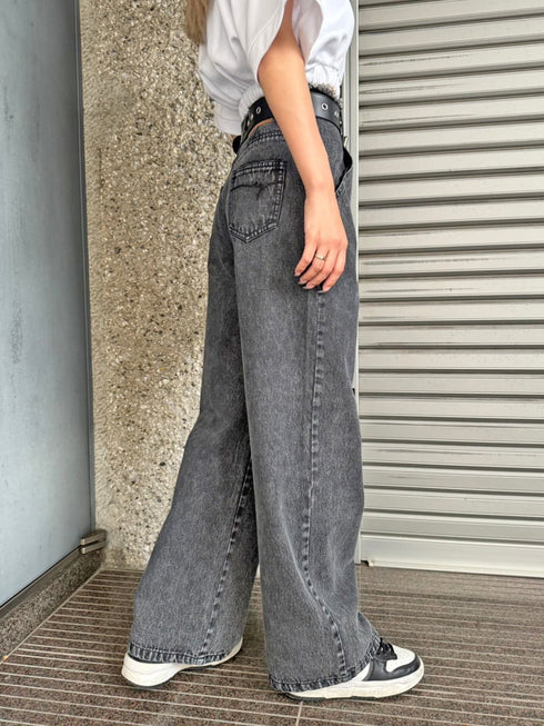 カットオフハイウエストデニムワイドパンツ