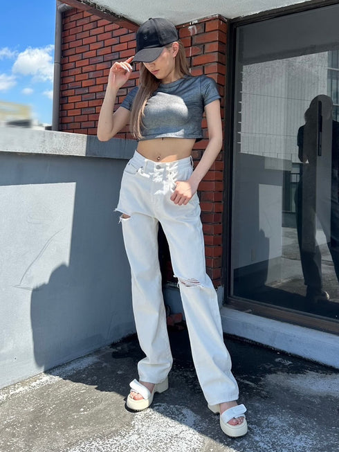 シャイニーショート半袖トップス