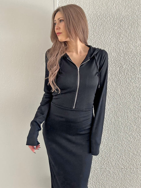 フロントジップリブフーディワンピース