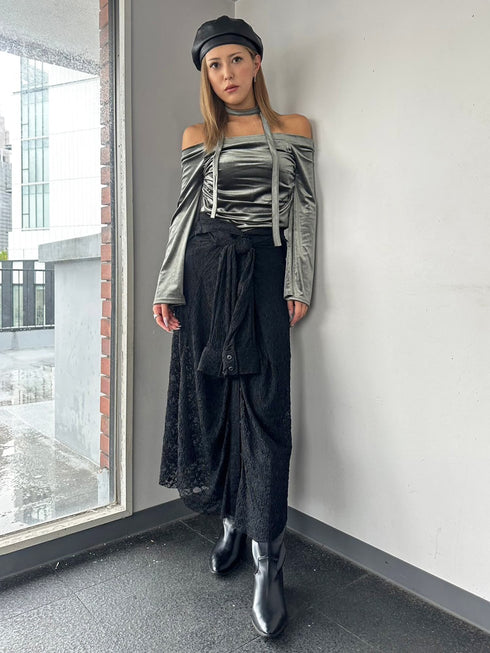 ストール付オフショルベロアトップ