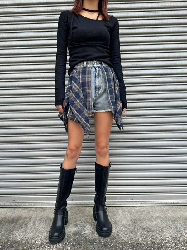 チェックシャツドッキングデニムショートパンツ