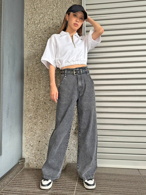 カットオフハイウエストデニムワイドパンツ