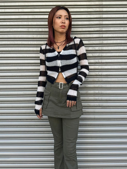 ボーダー透かしニットパーカー