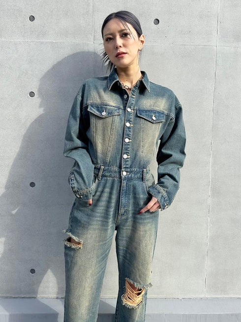 ヴィンテージ加工デニムオールインワン