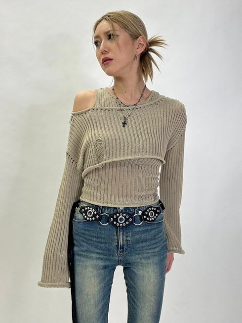 ダメージレイヤードニットトップ