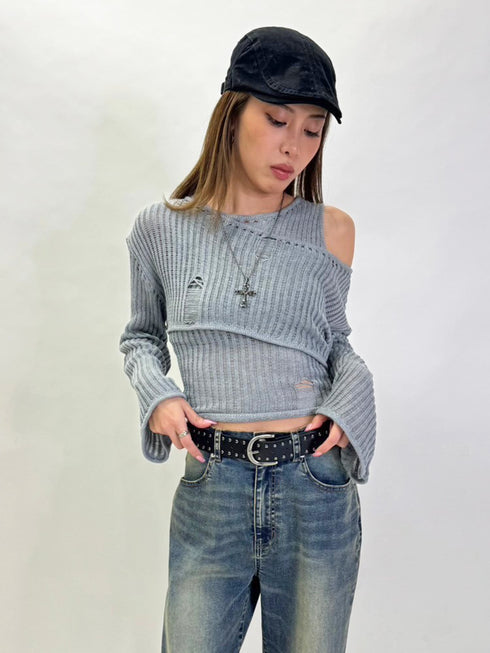 ダメージレイヤードニットトップ