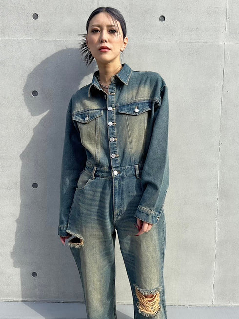 ヴィンテージ加工デニムオールインワン