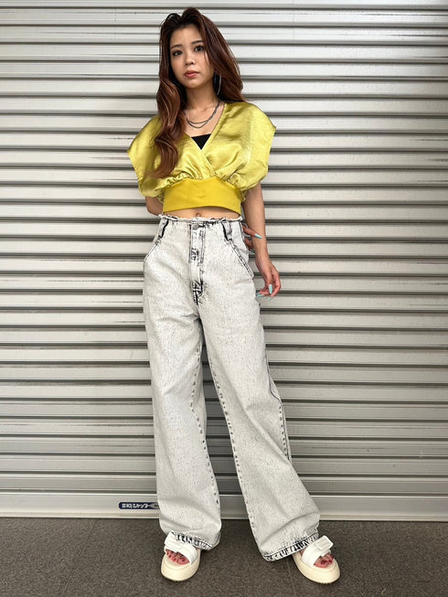 カットオフハイウエストデニムワイドパンツ