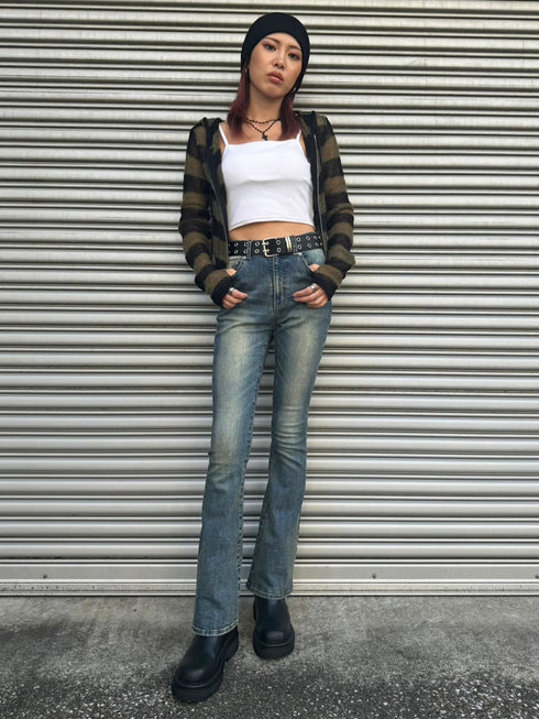 ボーダー透かしニットパーカー