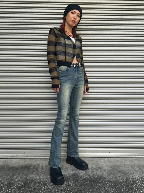 ボーダー透かしニットパーカー