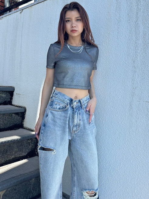 シャイニーショート半袖トップス