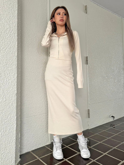 フロントジップリブフーディワンピース