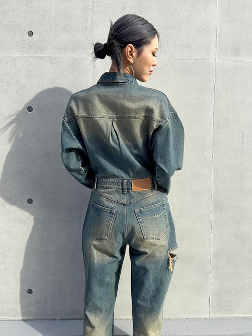 ヴィンテージ加工デニムオールインワン