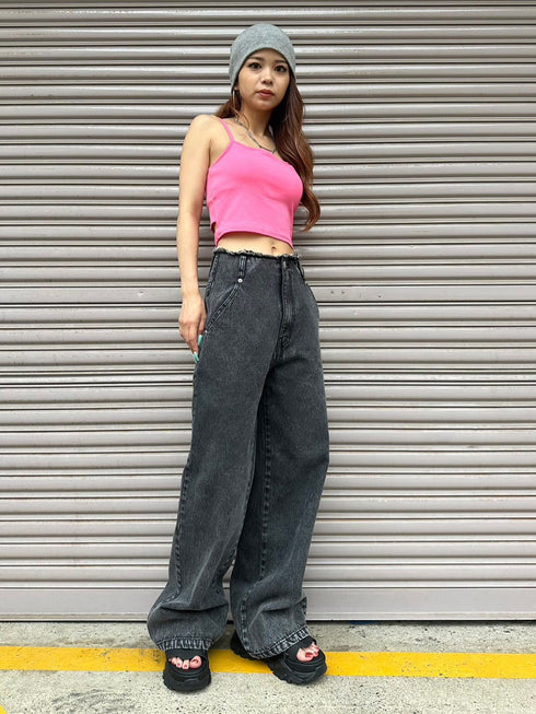 カットオフハイウエストデニムワイドパンツ