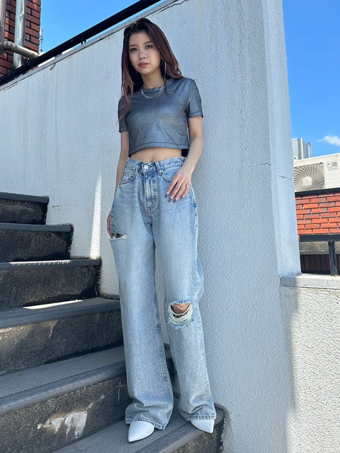 シャイニーショート半袖トップス