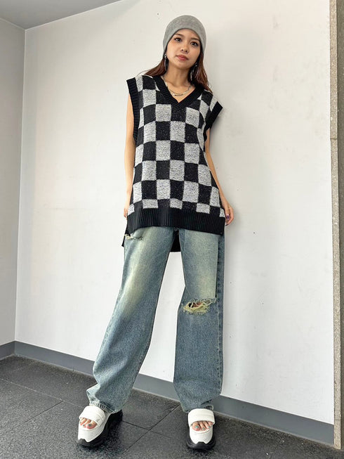 ブロックチェックニットベスト