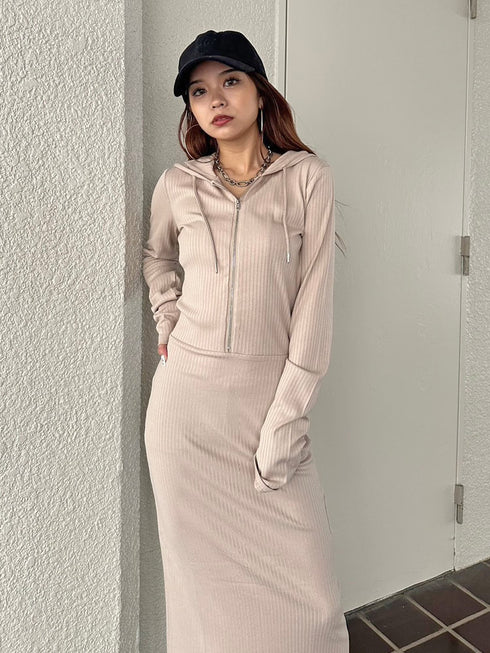 フロントジップリブフーディワンピース