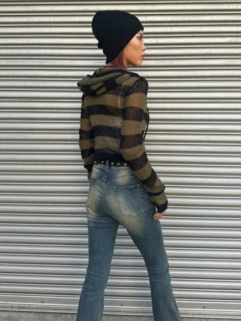 ボーダー透かしニットパーカー