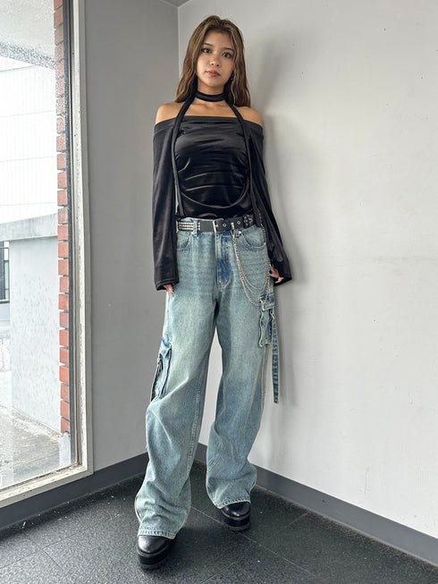 ストール付オフショルベロアトップ