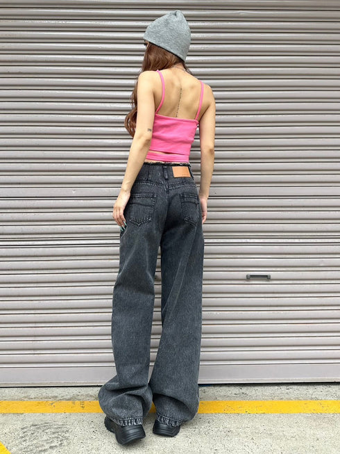 カットオフハイウエストデニムワイドパンツ