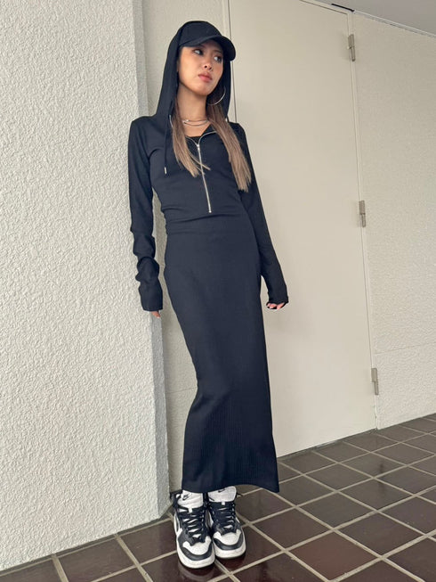 フロントジップリブフーディワンピース