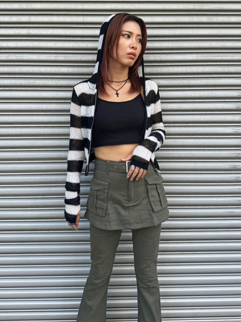 ボーダー透かしニットパーカー