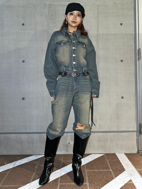 ヴィンテージ加工デニムオールインワン