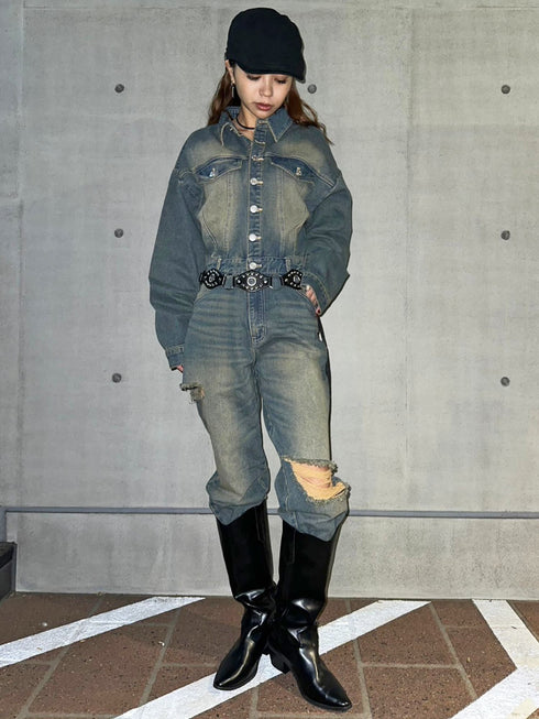 ヴィンテージ加工デニムオールインワン