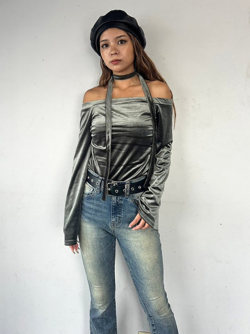 ストール付オフショルベロアトップ