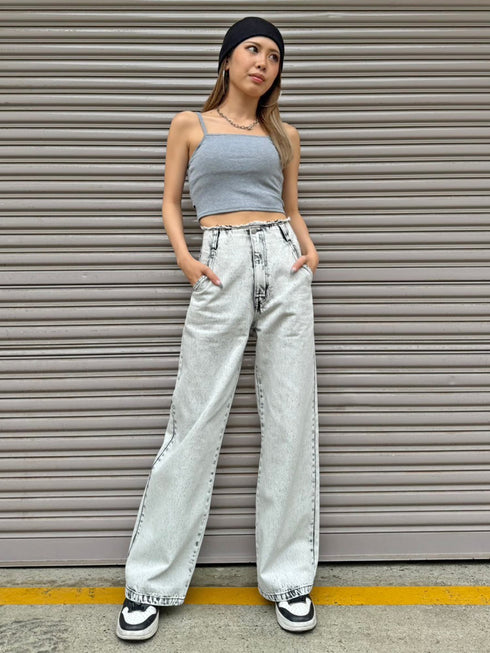 カットオフハイウエストデニムワイドパンツ