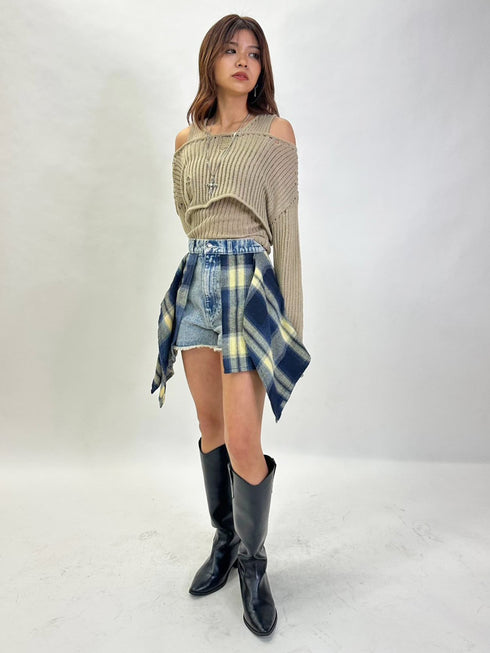 ダメージレイヤードニットトップ