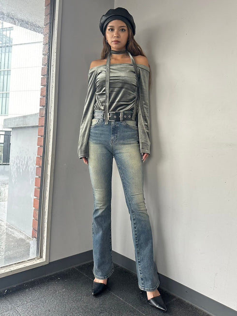 ストール付オフショルベロアトップ