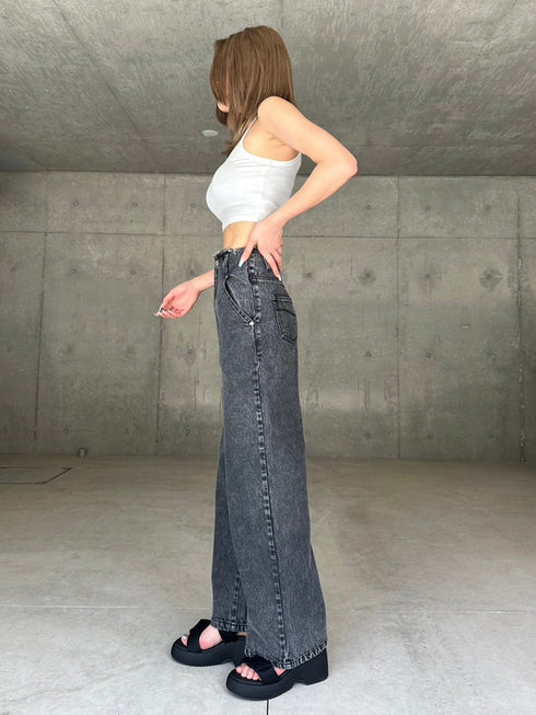 カットオフハイウエストデニムワイドパンツ