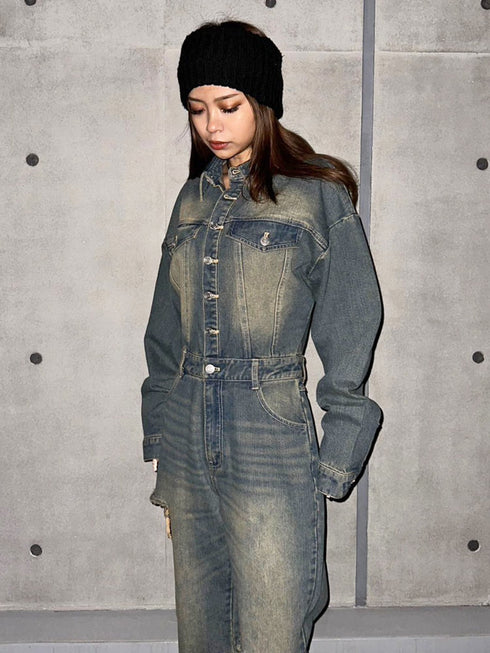 ヴィンテージ加工デニムオールインワン