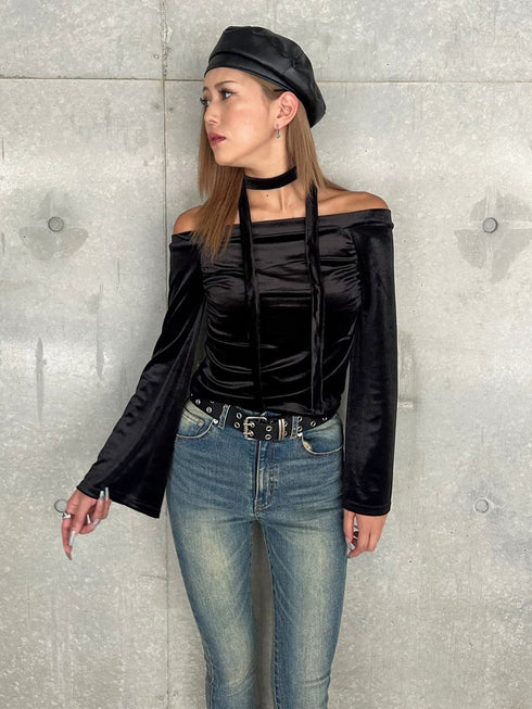 ストール付オフショルベロアトップ