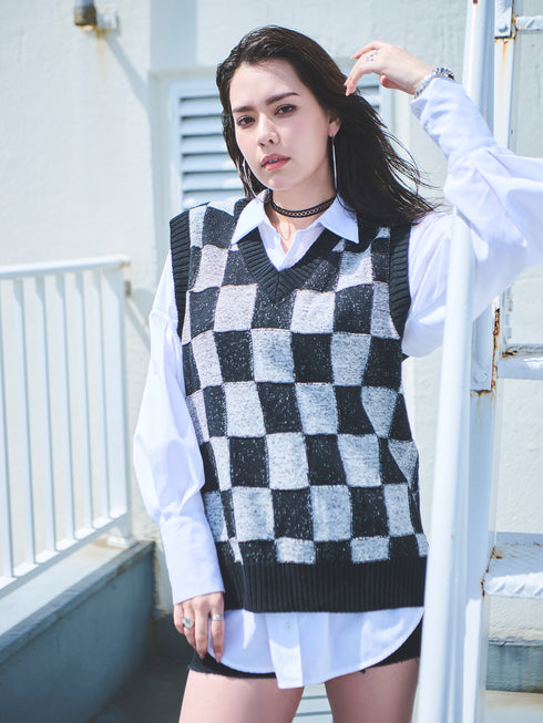 ブロックチェックニットベスト