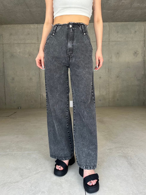 カットオフハイウエストデニムワイドパンツ
