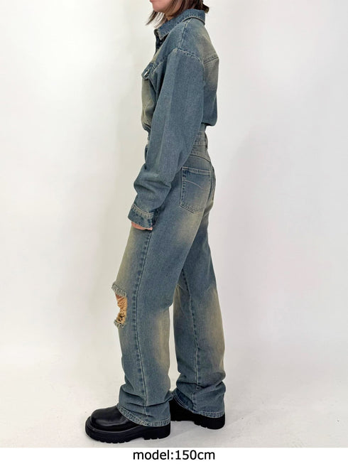 ヴィンテージ加工デニムオールインワン