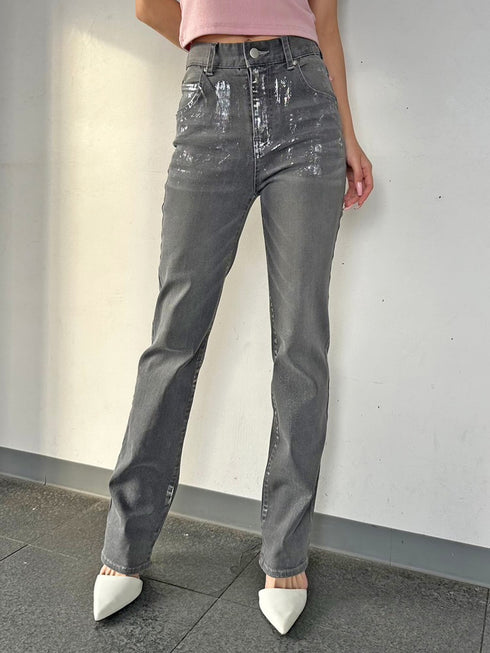 ホイルプリントデニムストレートパンツ