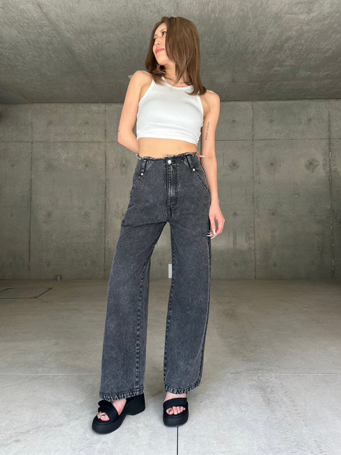 カットオフハイウエストデニムワイドパンツ