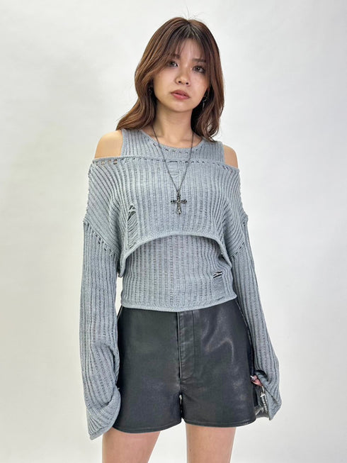 ダメージレイヤードニットトップ