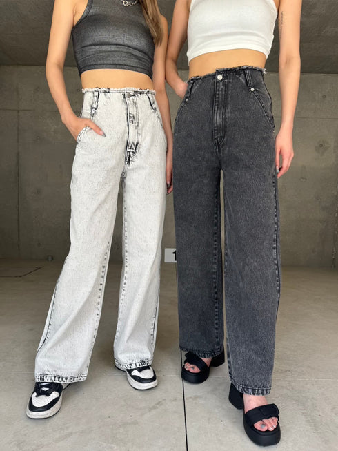 カットオフハイウエストデニムワイドパンツ