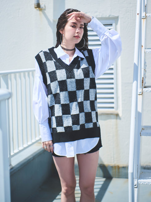 ブロックチェックニットベスト