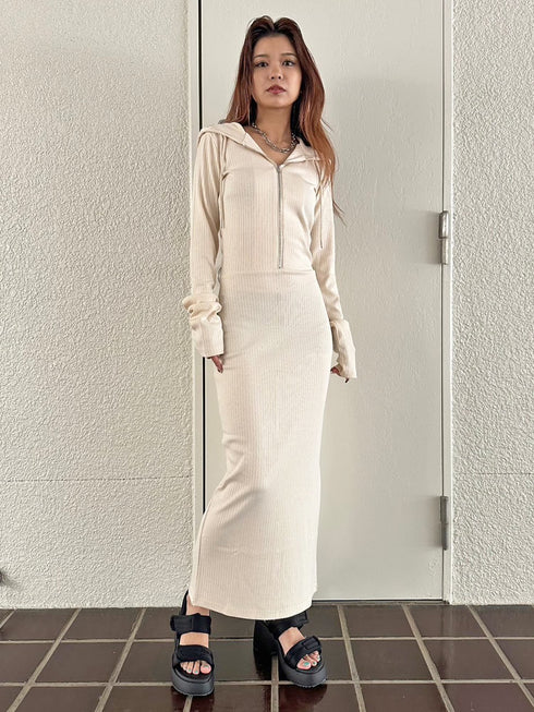 フロントジップリブフーディワンピース