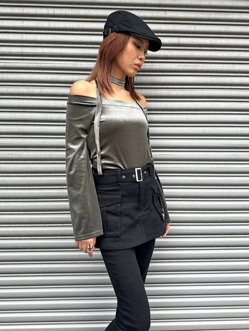 ストール付オフショルベロアトップ